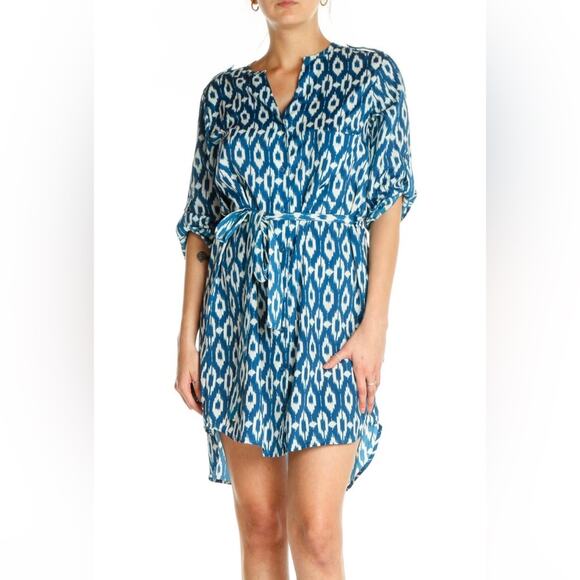 Anthropologie Maeve Blue Ikat Button Up Tie Waist Dress Roll Tab Sleeve Small - Picture 1 of 9